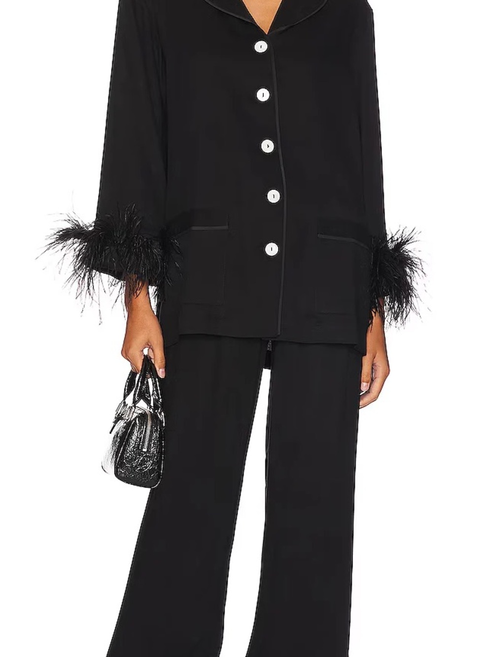Sleeper Black Feather-Trim Pajama Jacket and Pants Set